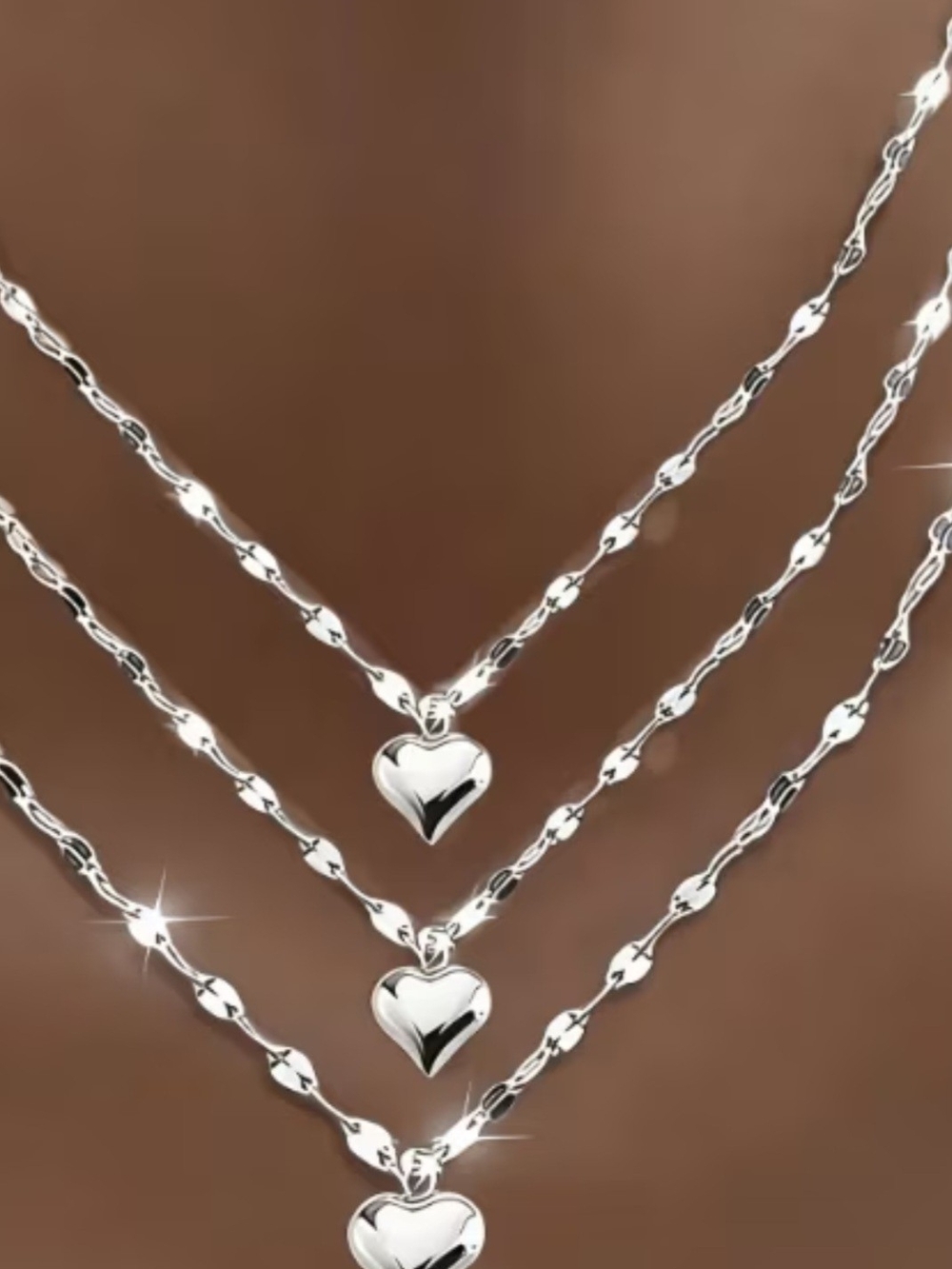 3 Pc Layered Triple Heart Pendant Necklace - Silver